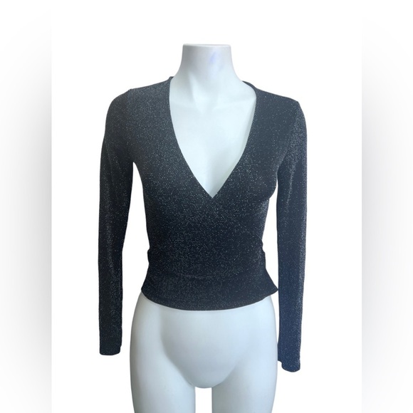 Urban Outfitters Shimmery Black Wrap Blouse Size Small - Picture 1 of 8
